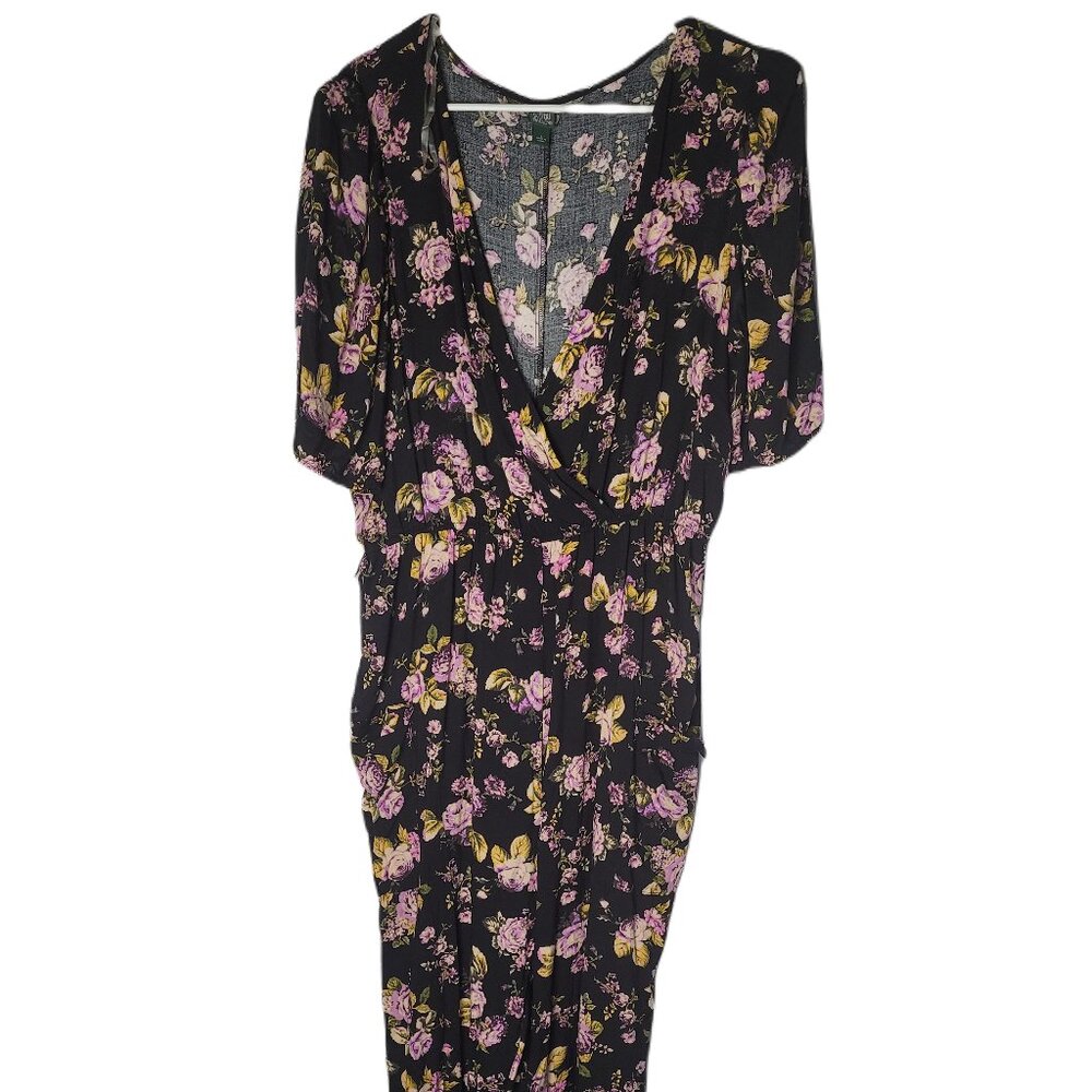 Wild Fable Cute V-Neck Black Floral Romper Jumpsuit Ankle Pants ~ Sz L